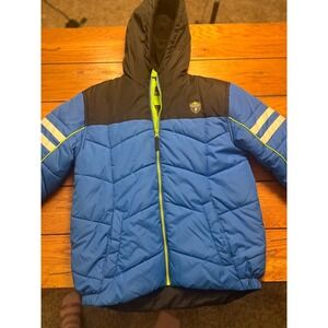 Protection System Boys Puffer Jacket Blue Black Neon Green Hooded Coat 14/16